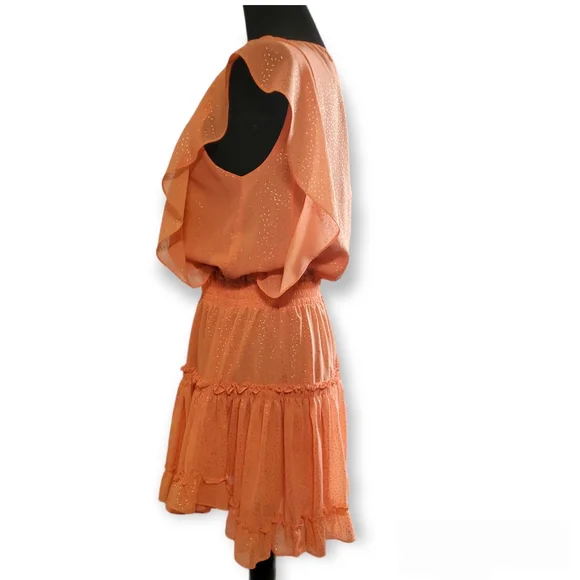 MISA LOS ANGELES small (S) coral peach gold foild confetti ruffles mini dress - Picture 3 of 16